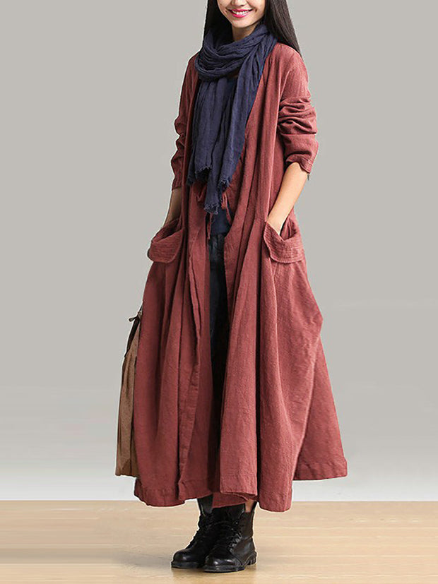 Plus Size Women Ramie Cotton Autumn Loose Long Coat