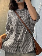 Plus Size Women Retro Plaid Summer Cotton Button-up Shirt