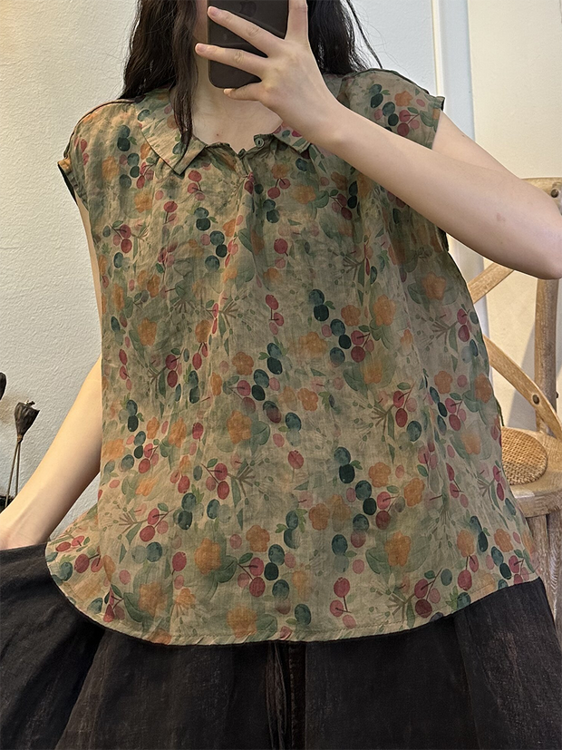 Plus Size Women Summer Vintage Flower Button Ramie Shirt
