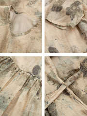 Künstlerisches Ramie-Kleid mit Tintenprint und Kordelzug für Damen in Übergröße