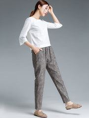 Plus Size Buykud Stripe Cotton Linen Women Pants