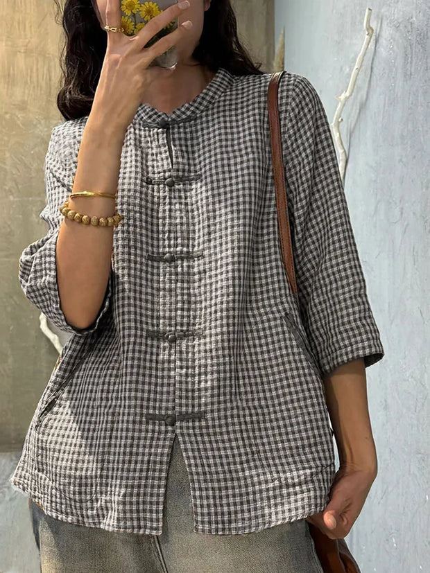 Plus Size Women Retro Plaid Summer Cotton Button-up Shirt