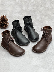 Women Winter Vintage Genuine Leather Drawstring Ankle Boots