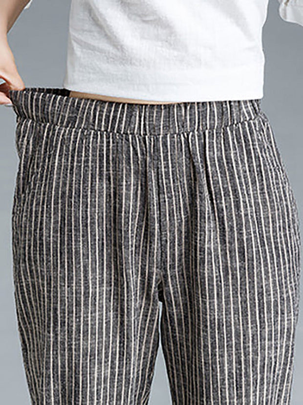 Plus Size Buykud Stripe Cotton Linen Women Pants