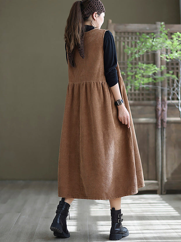 Plus Size - Corduroy Pocket Casual Sleeveless Pinafore Dress