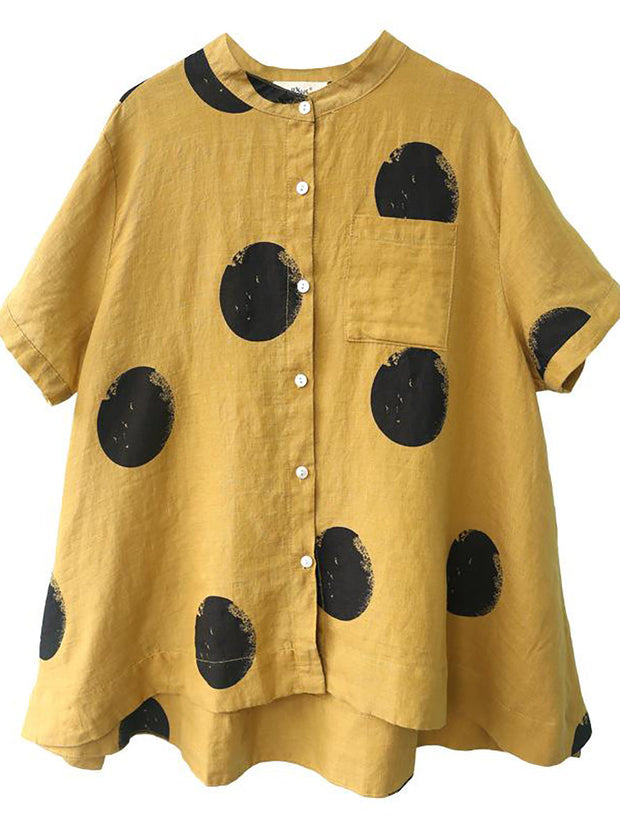 Plus Size Polka Dot Cotton Linen Stand Collar Shirt