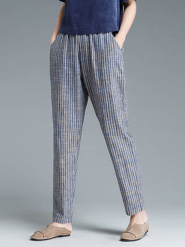 Plus Size Buykud Stripe Cotton Linen Women Pants