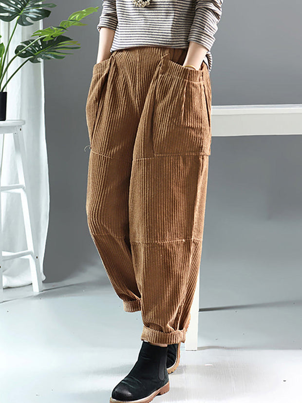 Plus Size Spring Retro Corduroy Solid Color Pants