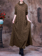 Plus Size Pocket Pleated Long Sleeve Women Maxi Dress