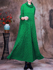 Plus Size Pocket Pleated Long Sleeve Women Maxi Dress