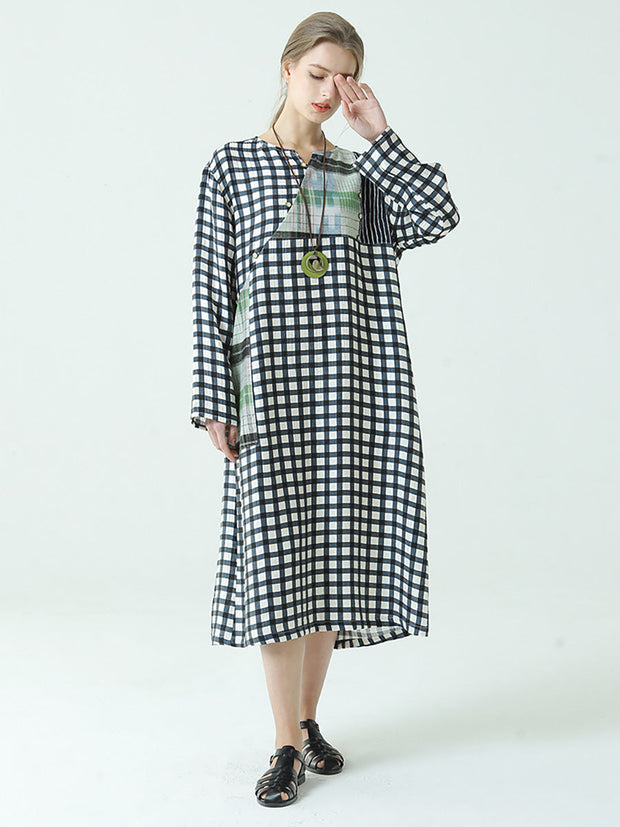 Plus Size Plaid Long Sleeve Loose Spring Casual Dress