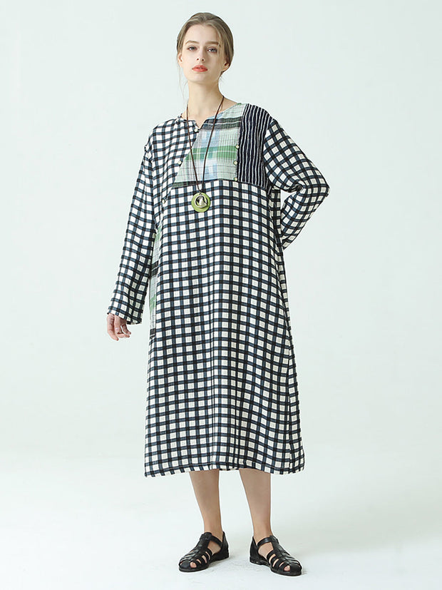 Plus Size Plaid Long Sleeve Loose Spring Casual Dress