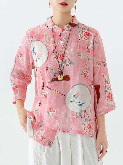 Lässiges unregelmäßiges Vintage-Hemd aus Leinen mit Blumendruck