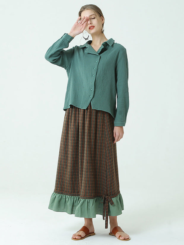 Plus Size Spring Elastic Waist Plaid Loose Vintage Long Skirt M-2XL