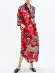 Plus Size - Spliced Floral Print Vintage Tencel Women Dress