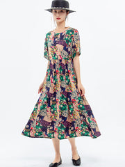 Plus Size - Floral Prints Short Sleeve Summer Loose Dress