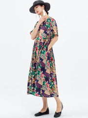 Plus Size - Floral Prints Short Sleeve Summer Loose Dress