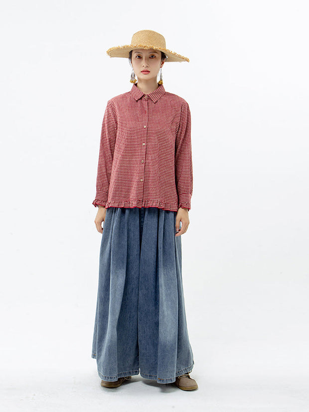 Plus Size Women Plaid Hand-Made Linen Cotton Loose Shirt
