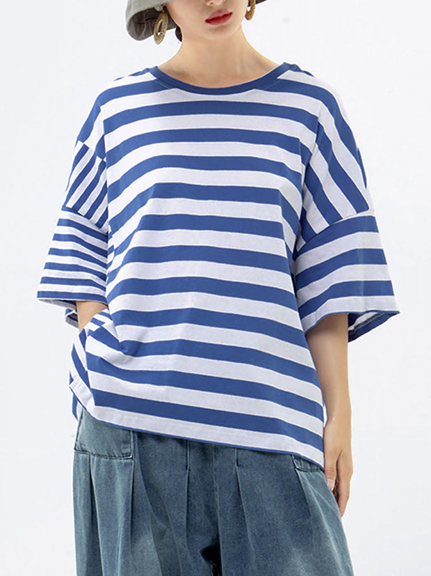 Plus Size - Buykud 100% Cotton Striped Casual T-Shirt