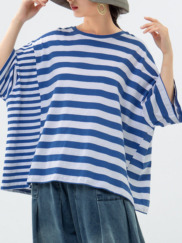 Plus Size - Buykud 100% Cotton Striped Casual T-Shirt