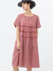 Plus Size 100%Cotton Short Sleeve Plaid Dress