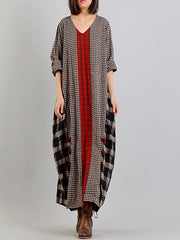 Plus Size Different Colored Plaid Retro Cotton Linen Dress