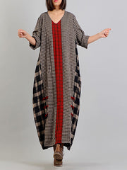 Plus Size Different Colored Plaid Retro Cotton Linen Dress