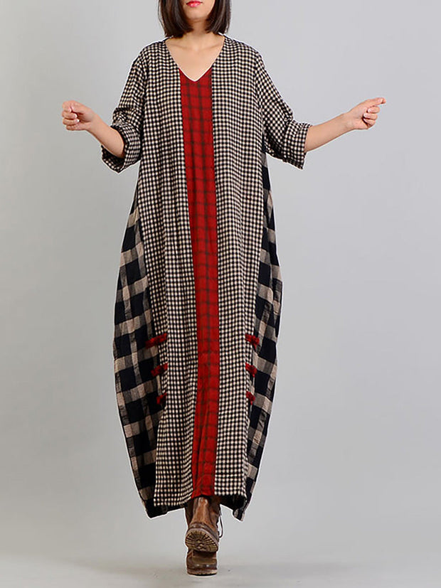 Plus Size Different Colored Plaid Retro Cotton Linen Dress