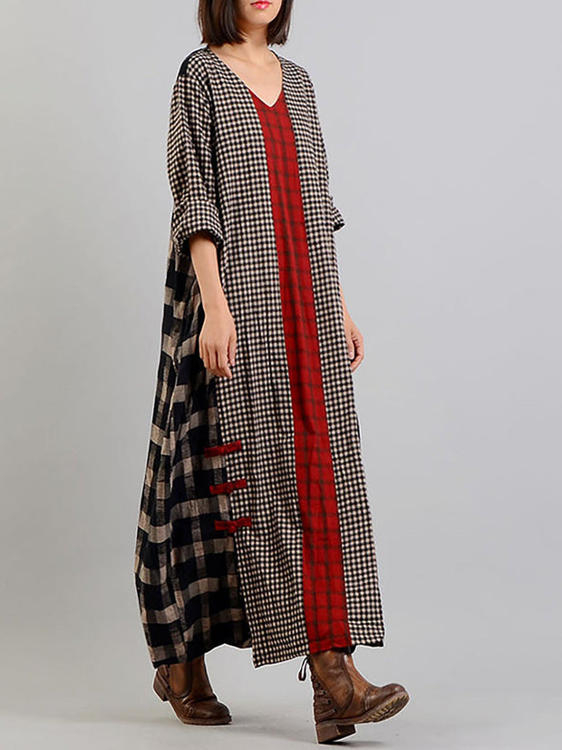 Plus Size Different Colored Plaid Retro Cotton Linen Dress