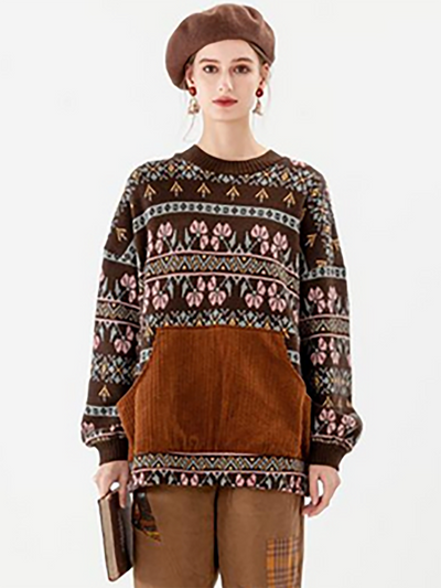 PLUS Size - Stitching Knitted Geometric Pocket Vintage Sweater