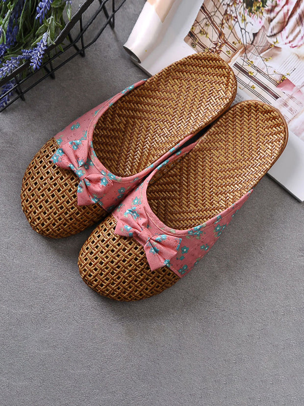 Floral Bowknot Splicing Linen Slippers