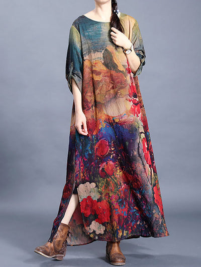 Plus Size Flower Printed Retro Split Hem Silk Dress
