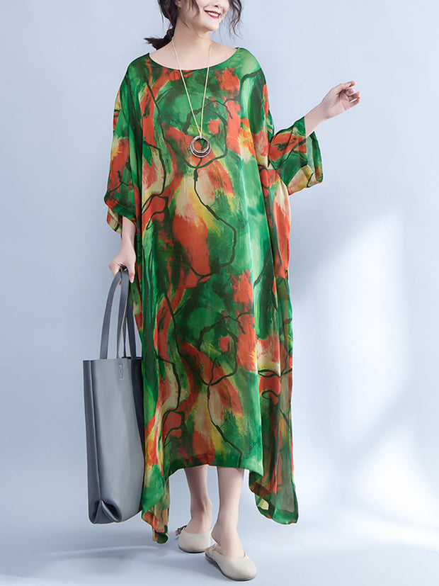 Plus Size - Women Summer Loose Three Quarter Sleeve Printed Dress