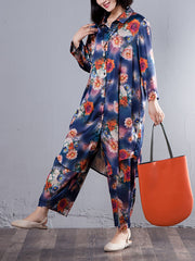 Plus Size Spring Women Suit Single Breasted Shirt Floral Printed Pants