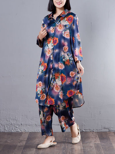 Plus Size Spring Women Suit Single Breasted Shirt Floral Printed Pants
