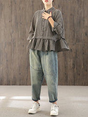 Plus Size Loose Plaid Ruffle Splicing Cotton Linen Shirt