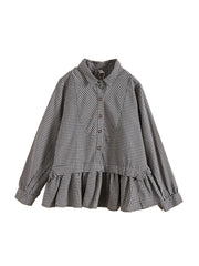 Plus Size Loose Plaid Ruffle Splicing Cotton Linen Shirt