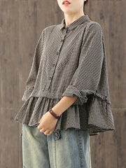 Plus Size Loose Plaid Ruffle Splicing Cotton Linen Shirt