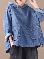 Plus Size Loose Solid Color Drawstring Denim Hoodie