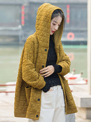 Plus Size Women Winter Casual Button Pocket Hooded Coat