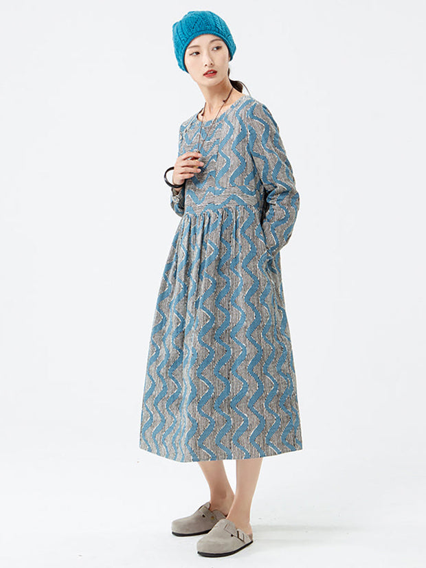 Plus Size - Cotton Women Stripes Pocket Long Sleeve Dress