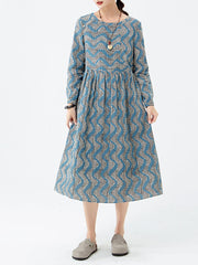 Baumwoll-Frauen-Streifen-Taschen-Langarmkleid