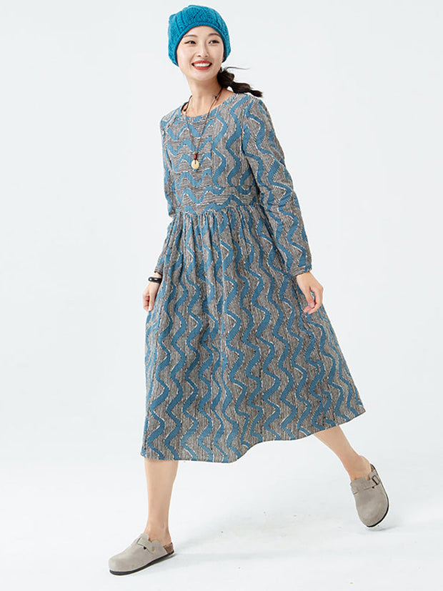 Plus Size - Cotton Women Stripes Pocket Long Sleeve Dress