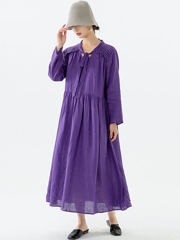 Plus Size - Linen Women Lace-up Pocket Long Sleeve Dress