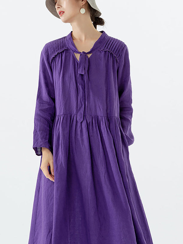 Plus Size - Linen Women Lace-up Pocket Long Sleeve Dress