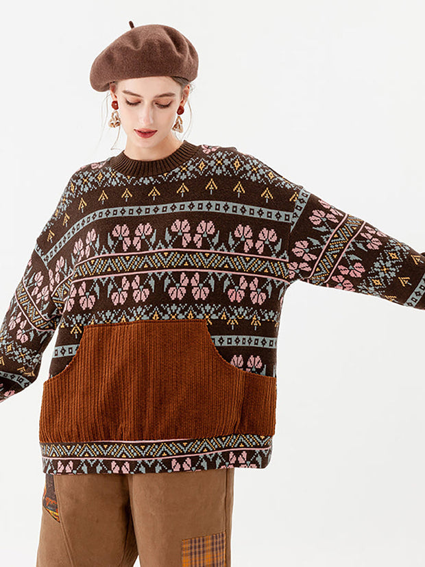 PLUS Size - Stitching Knitted Geometric Pocket Vintage Sweater