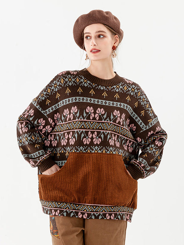 PLUS Size - Stitching Knitted Geometric Pocket Vintage Sweater