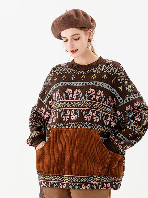 PLUS Size - Stitching Knitted Geometric Pocket Vintage Sweater