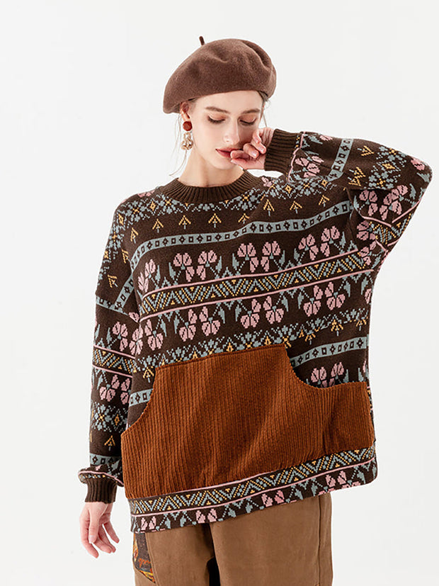 PLUS Size - Stitching Knitted Geometric Pocket Vintage Sweater