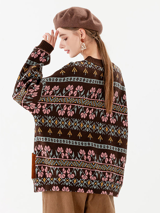 PLUS Size - Stitching Knitted Geometric Pocket Vintage Sweater